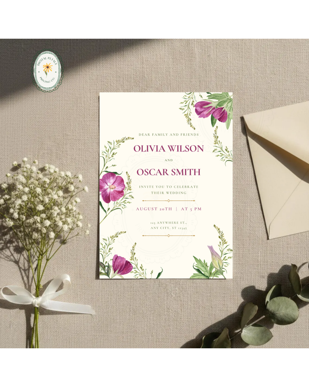 Lavender & Lilac Wildflower Wedding Invitation | Minimalist Printable Invite | Digital Download