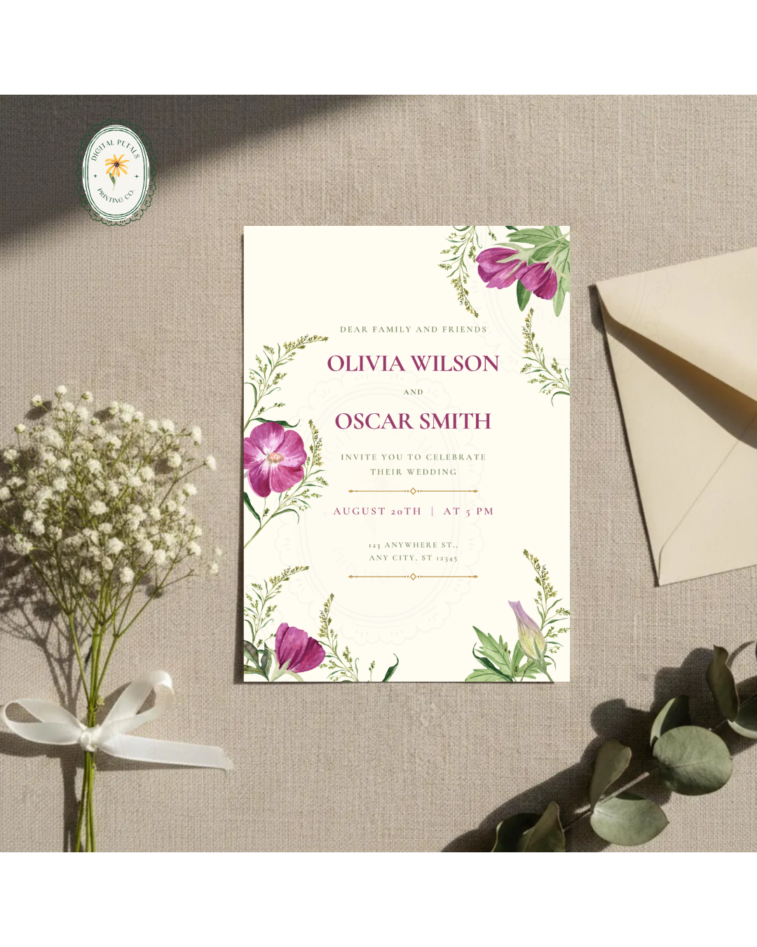 Lavender & Lilac Wildflower Wedding Invitation | Minimalist Printable Invite | Digital Download