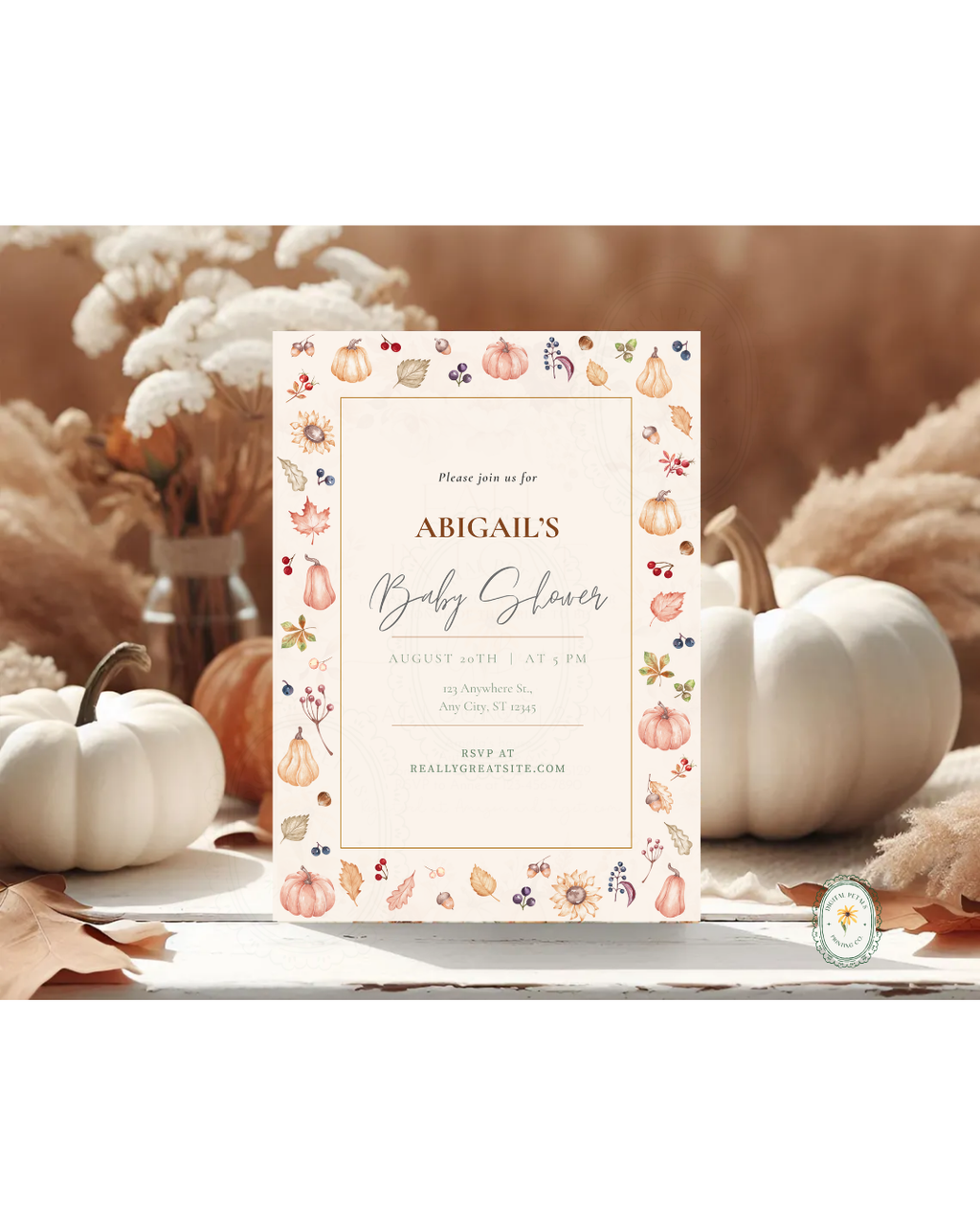 Autumn Harvest Wildflowers Baby Shower Invitation Template | Editable Canva Digital Download