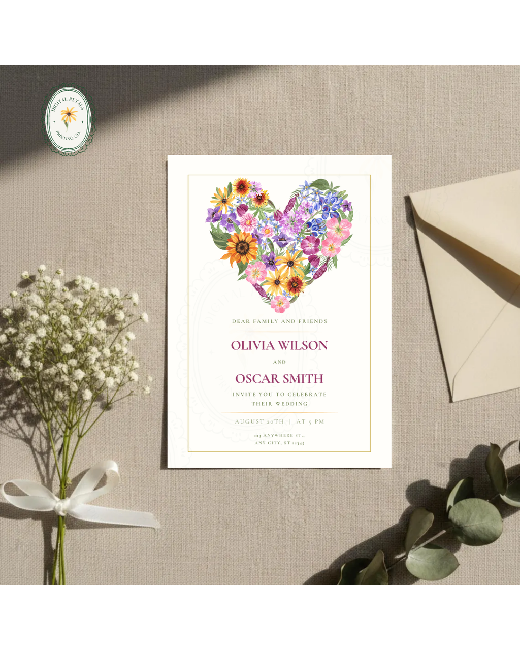 Boho Wildflower Heart Wedding Invitation — Editable Digital Download Template