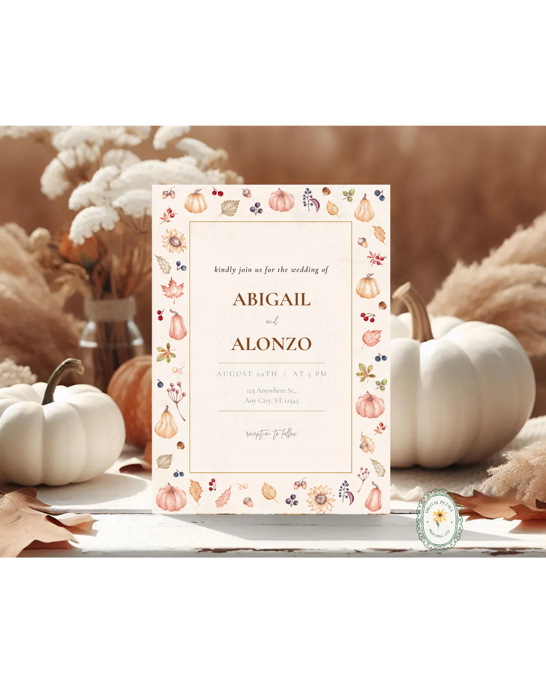 Autumn Harvest Wildflowers Wedding Invitation Template | Editable Canva Digital Download