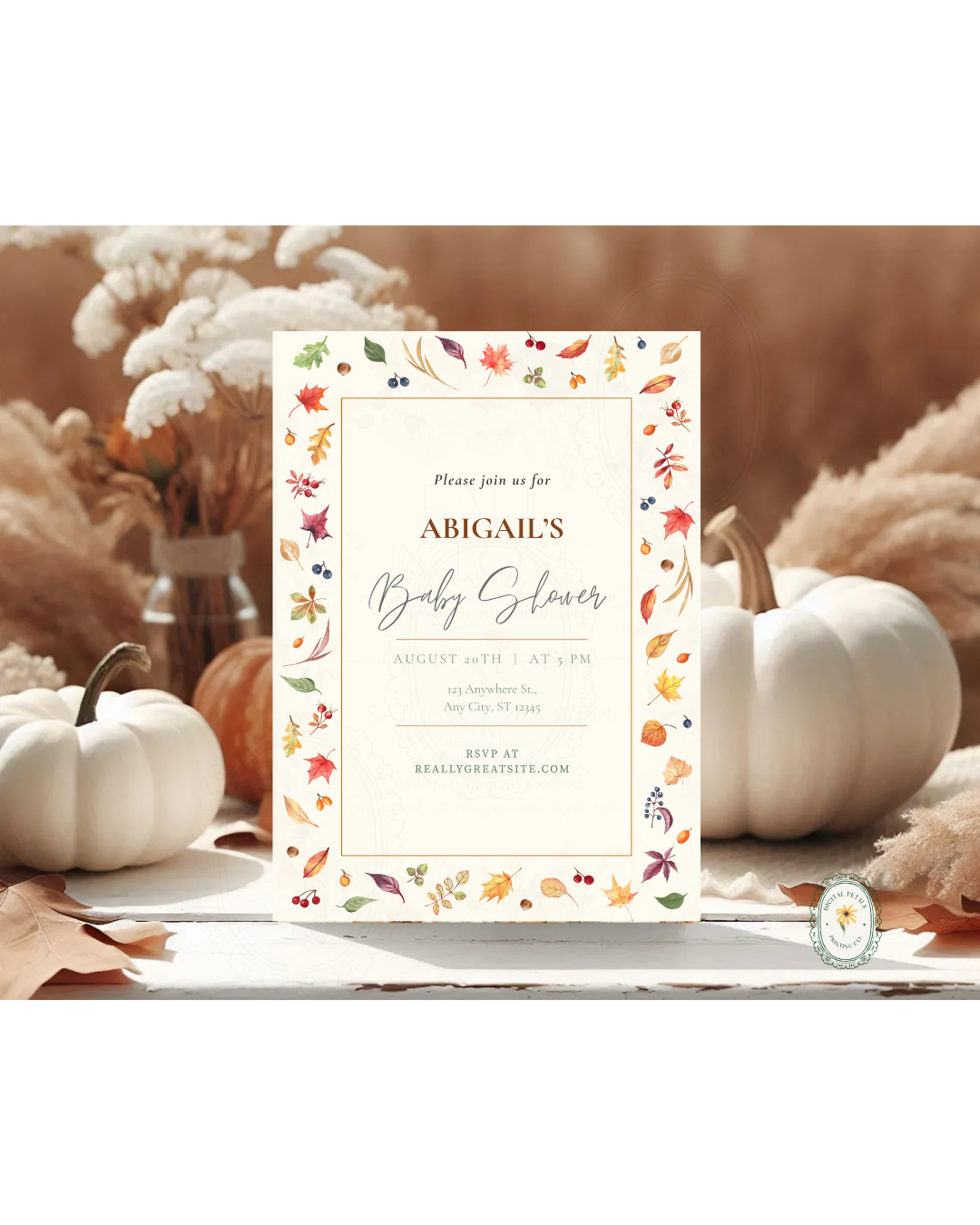 Fall Leaves Baby Shower Invitation Template | Terracotta & Cream | Digital Download
