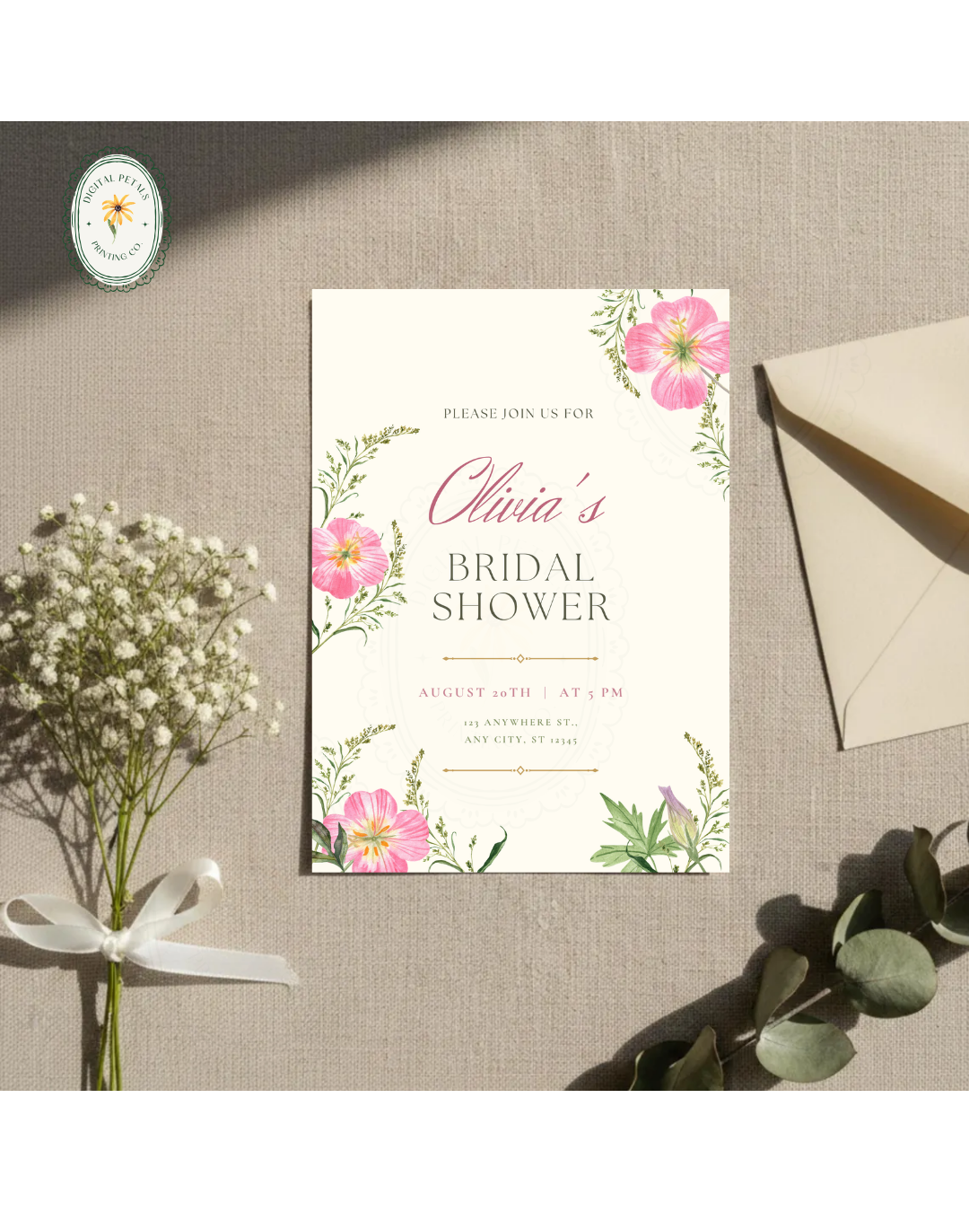 Dusty Rose & Blush Pink Wildflower Bridal Shower Invitation | Minimalist Printable Invite | Digital Download