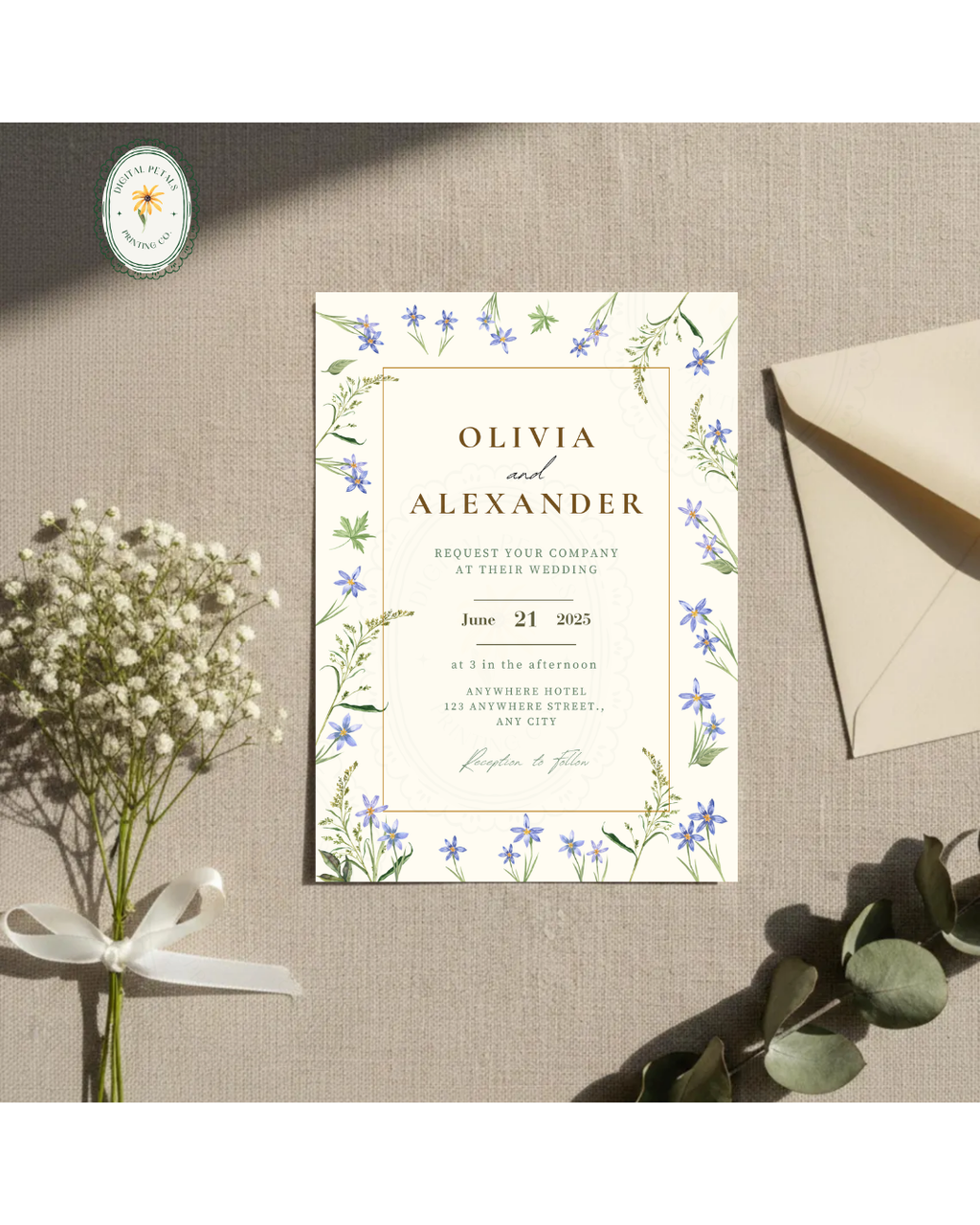 Dusty Blue Floral Border Wedding Invitation Template | Editable Digital Download
