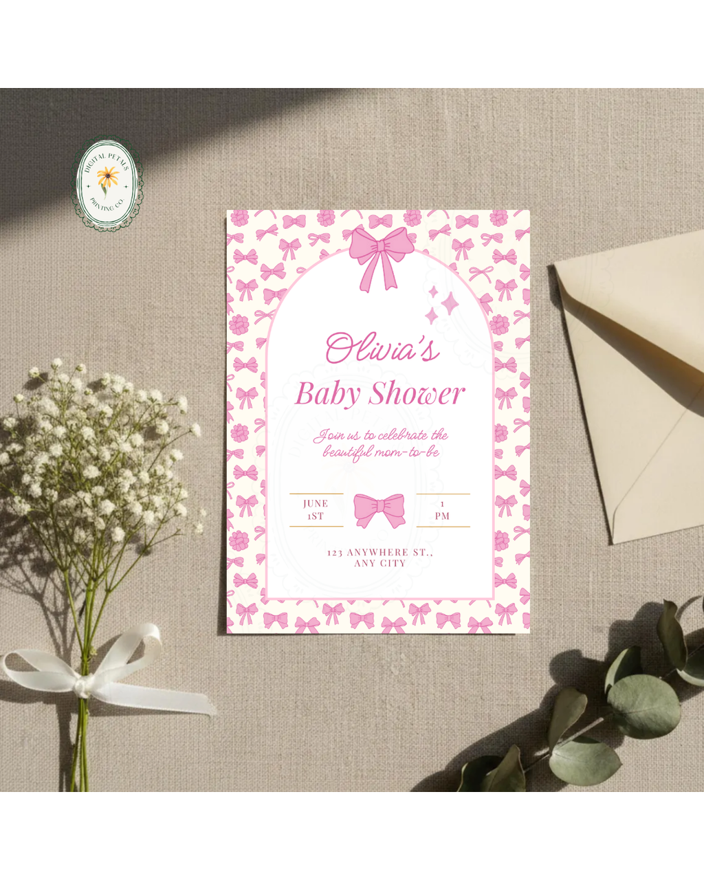 Baby Girl Shower Invitation Template | Pink Ribbons & Bows | Canva Editable