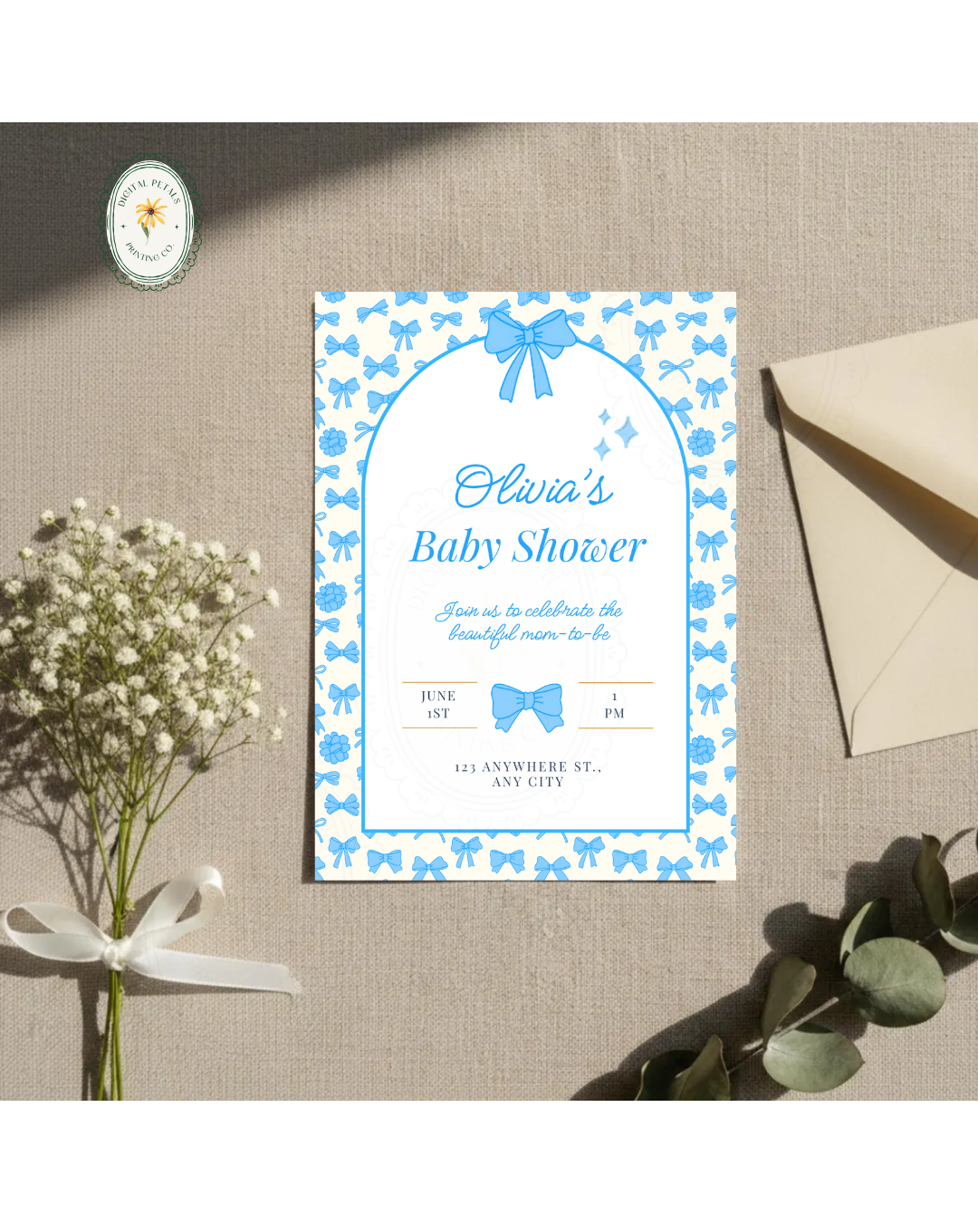 Baby Shower Invitation Template | Powder Blue Ribbons & Bows | Canva Editable