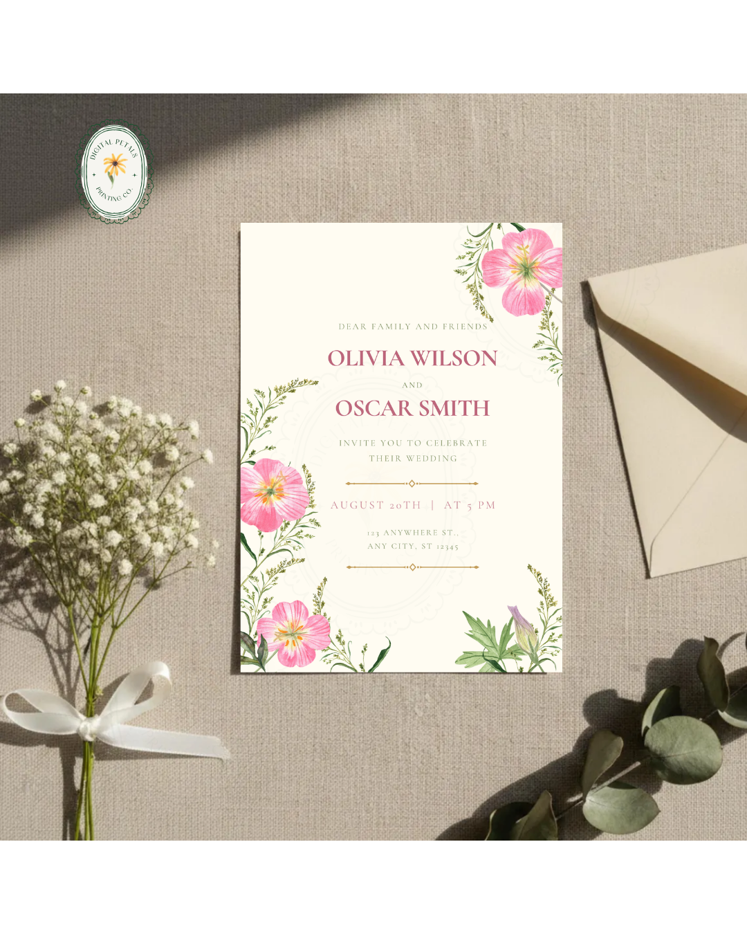 Dusty Rose & Blush Pink Primrose Wildflower Wedding Invitation | Minimalist Printable Invite | Digital Download