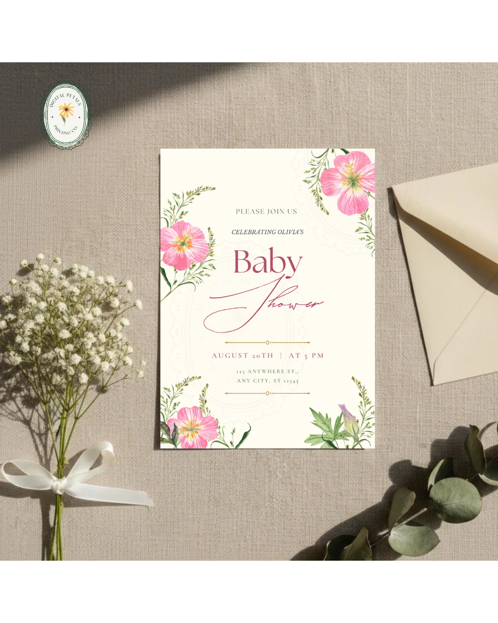 Dusty Rose & Blush Pink Wildflower Baby Shower Invitation | Minimalist Printable Invite | Digital Download