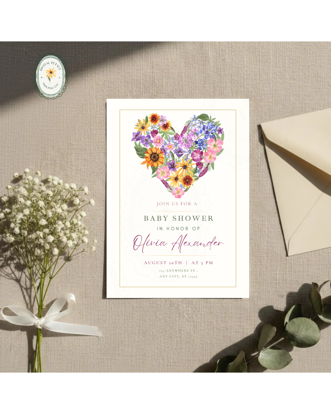 Boho Wildflower Heart Baby Shower Invitation — Editable Digital Download Template