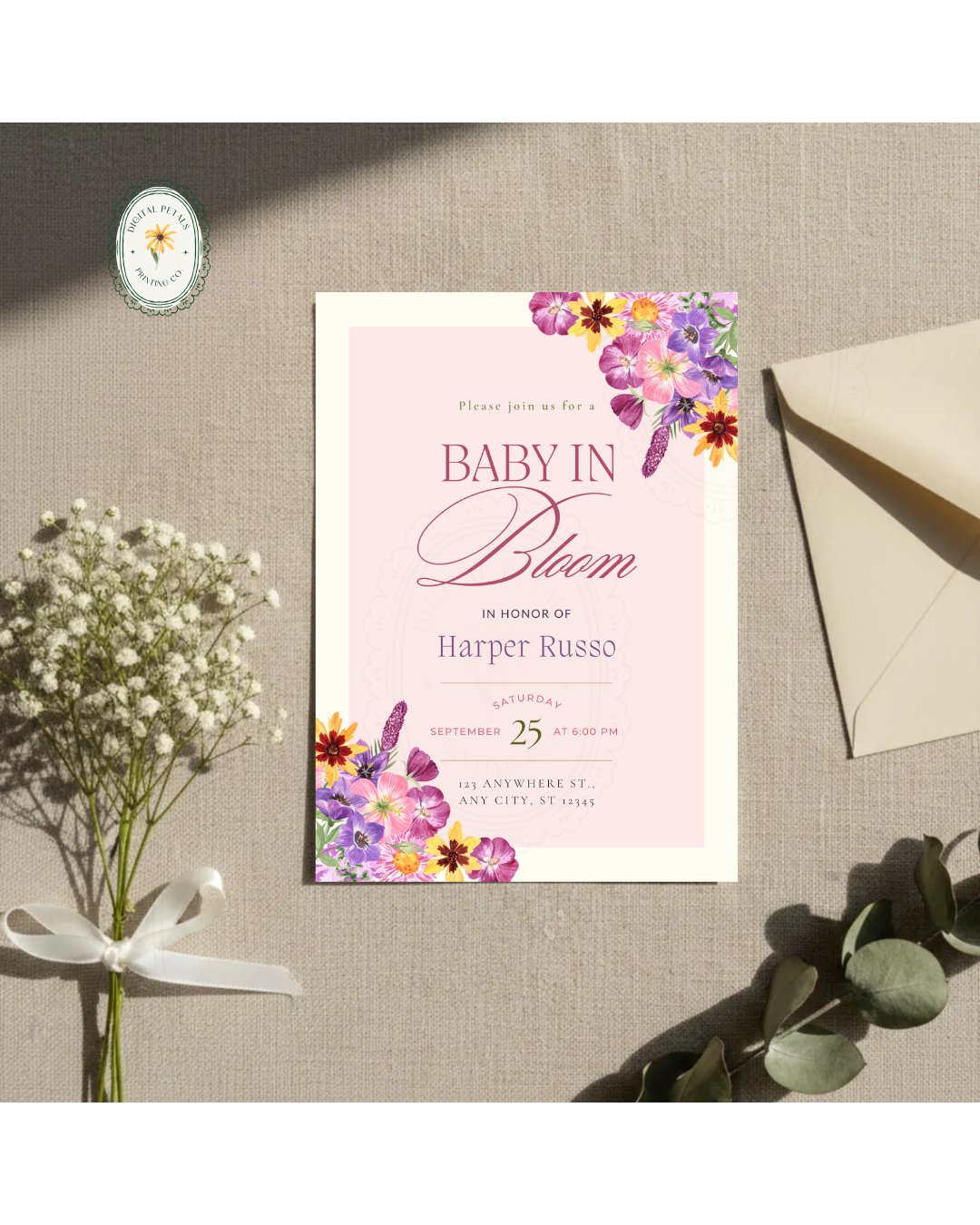 Baby in Bloom Baby Shower Invitation Template | Editable Canva Digital Download
