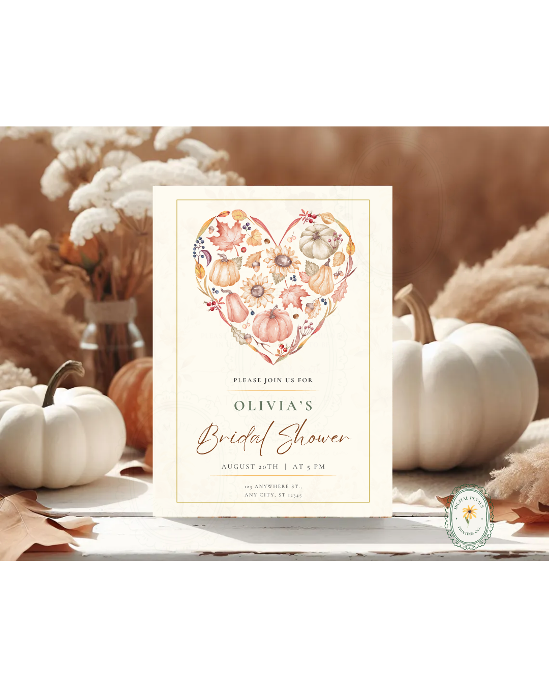 Terracotta & Rust Autumn Heart Bridal Shower Invitation | Printable Floral Invite | Digital Download