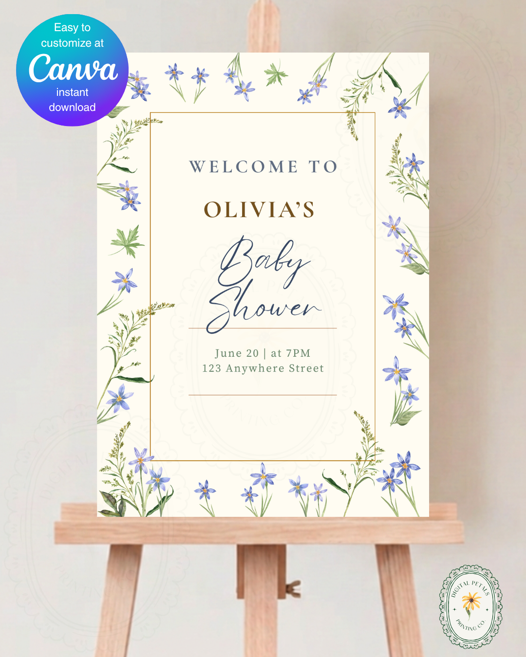Dusty Blue Floral Botanical Baby Shower Welcome Sign | Editable Canva Template | Digital Download