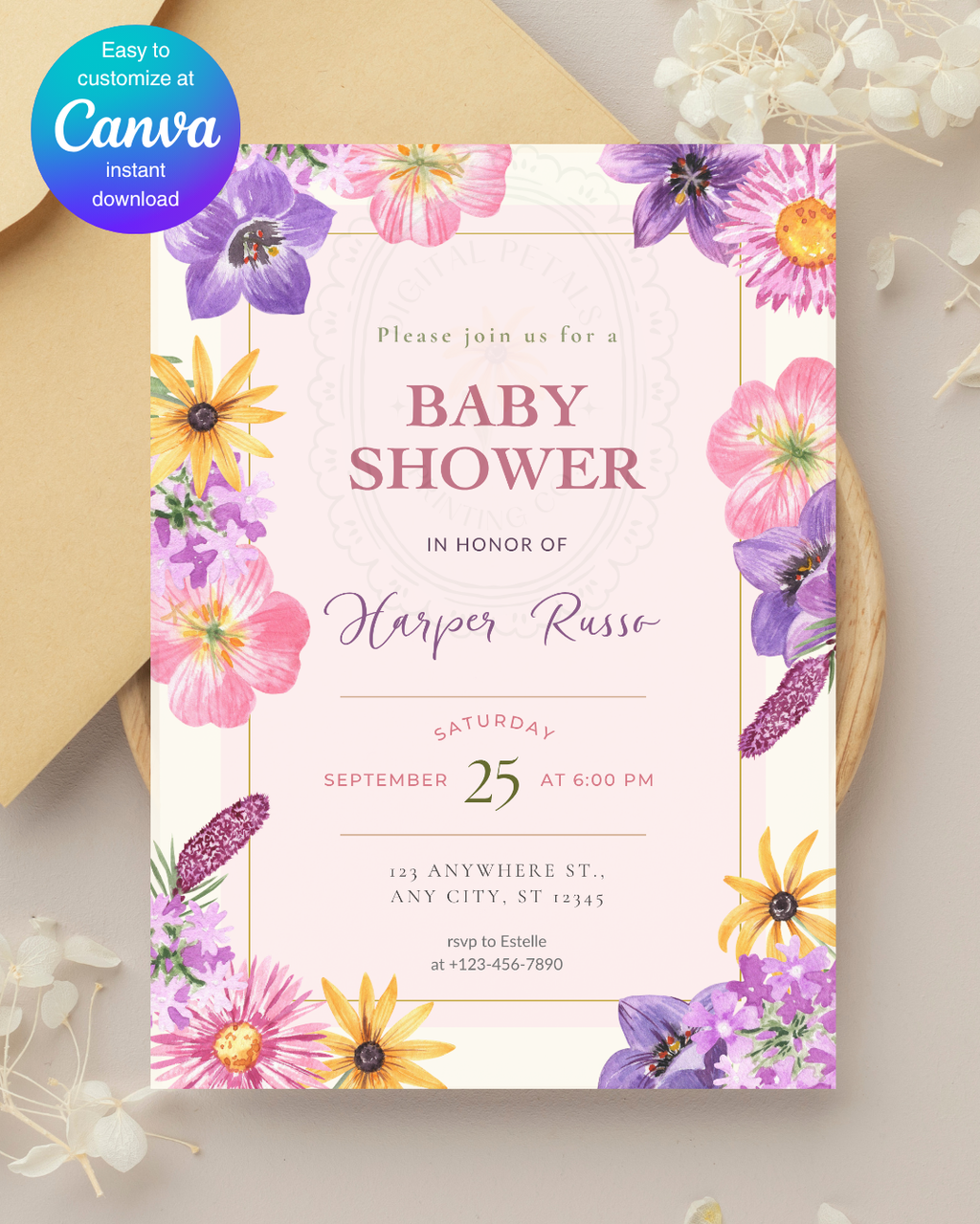Pink Cottagecore Wildflower Baby Shower Invitation | Editable Canva Template, Spring Floral