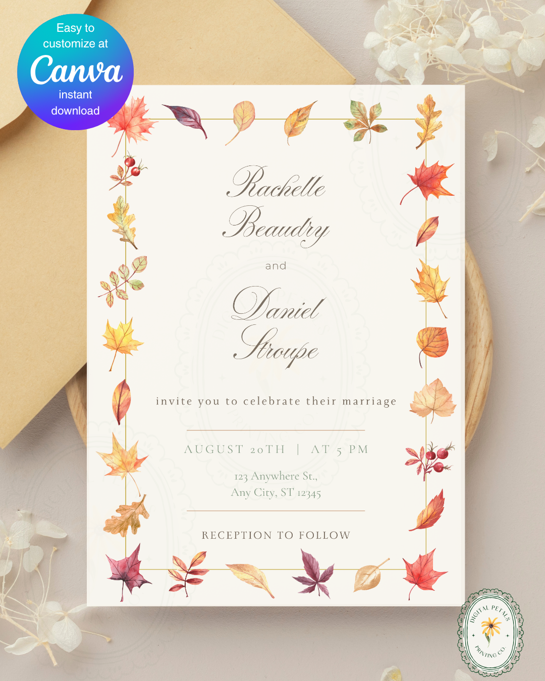 Fall Wedding Invitation Printable | Autumn Wildflower Boho Wedding Invite | Digital Download