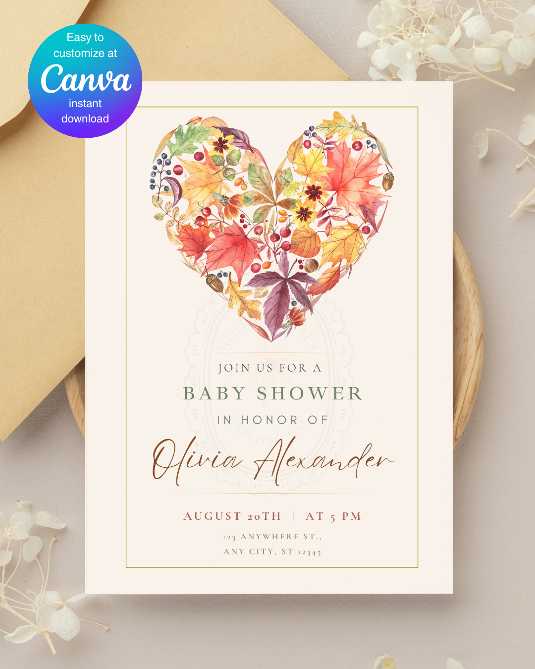 Terracotta & Rust Fall Heart Baby Shower Invitation — Editable Digital Download Template