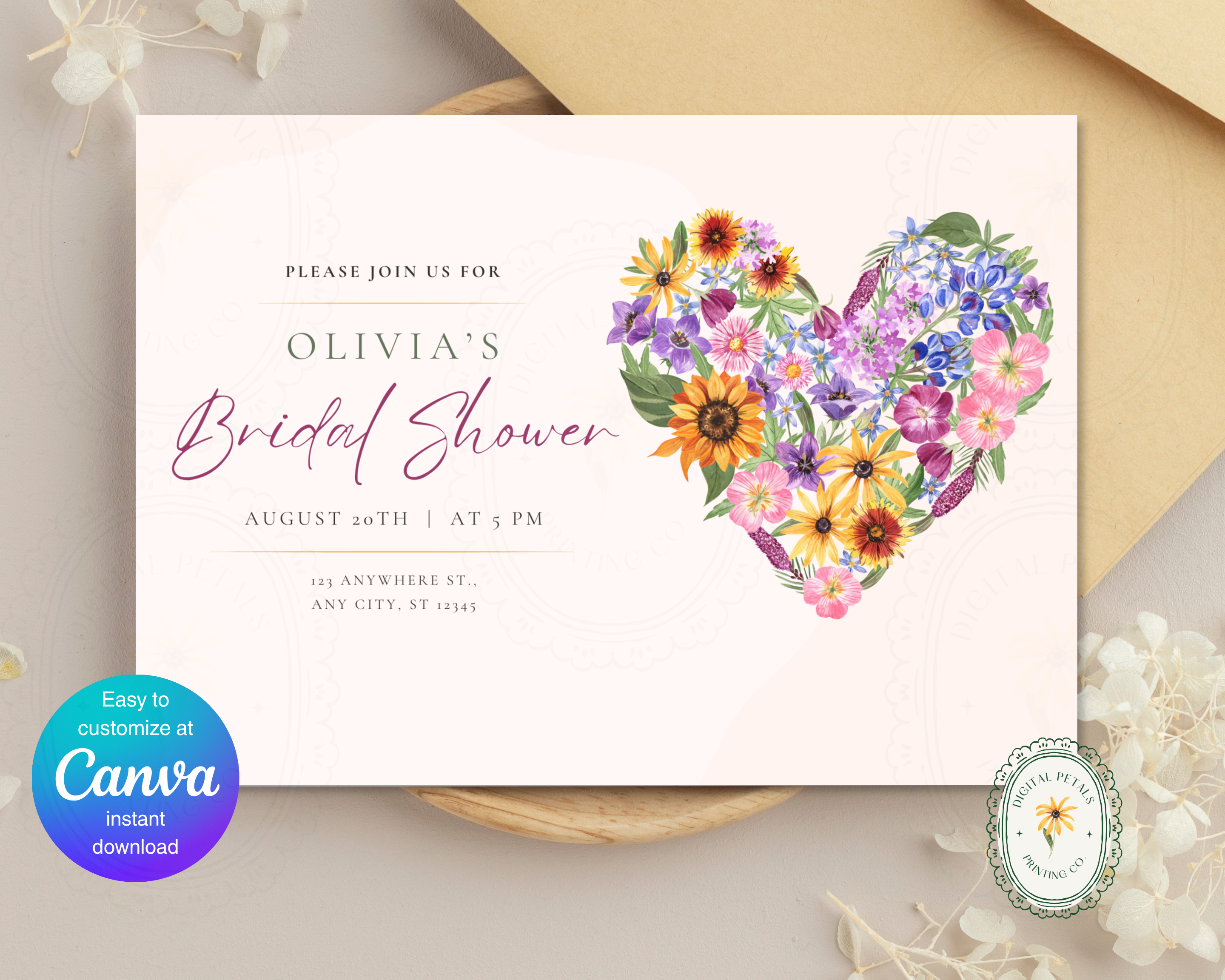 Lavender Cream Spring Heart Bridal Shower Invitation | Printable Landscape Template | Digital Download