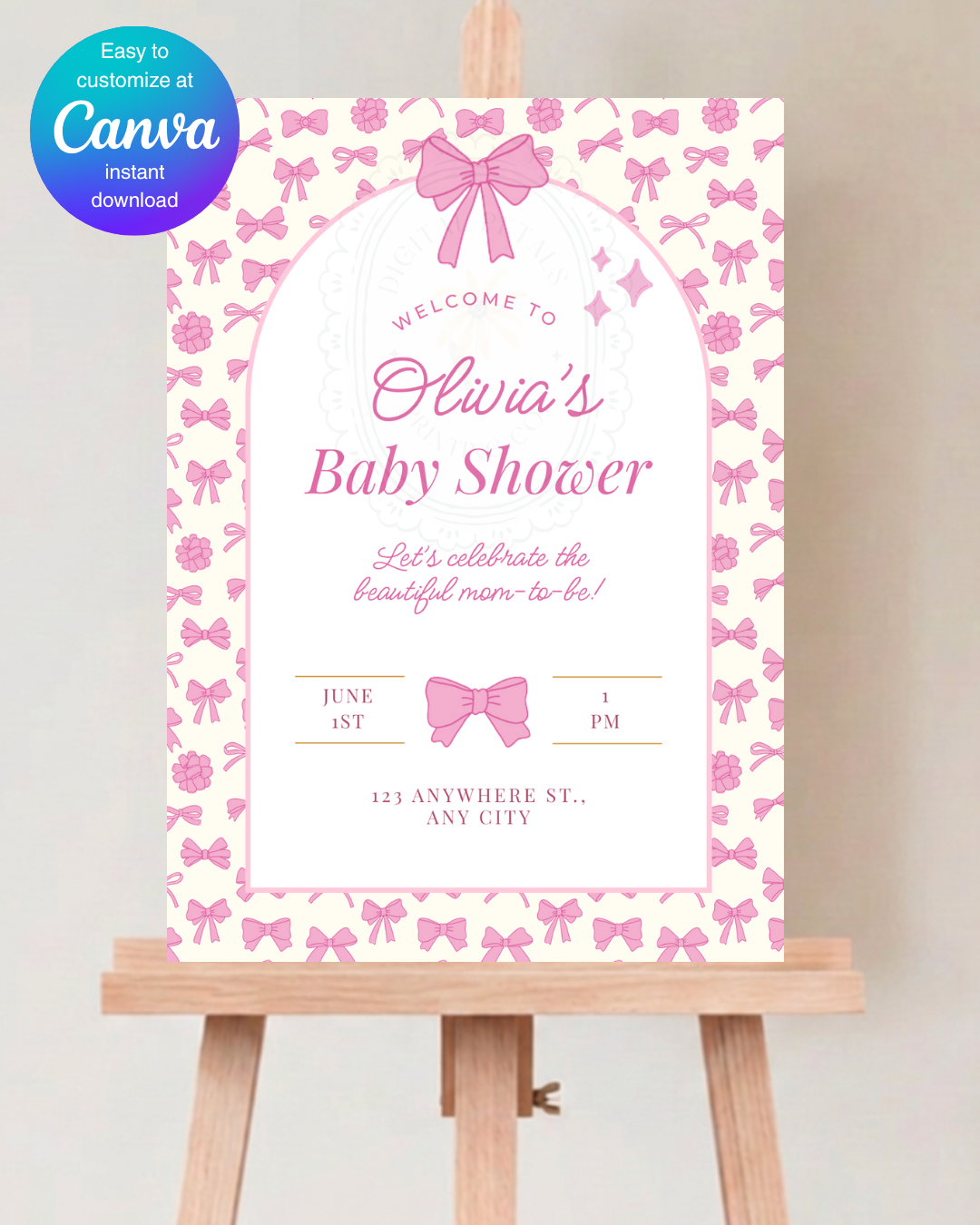 Baby Girl Shower Welcome Sign Template | Pink Ribbons & Bows | Canva Editable