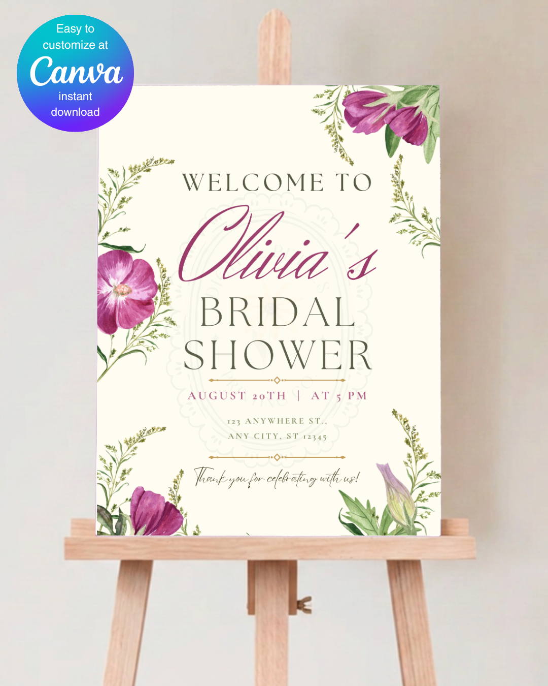 Purple Wildflower Bridal Shower Welcome Sign | Editable Canva Template | Digital Download