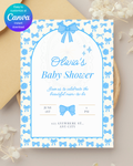 Baby Shower Invitation Template | Powder Blue Ribbons & Bows | Canva Editable