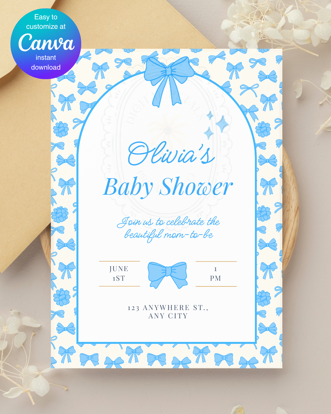 Baby Shower Invitation Template | Powder Blue Ribbons & Bows | Canva Editable