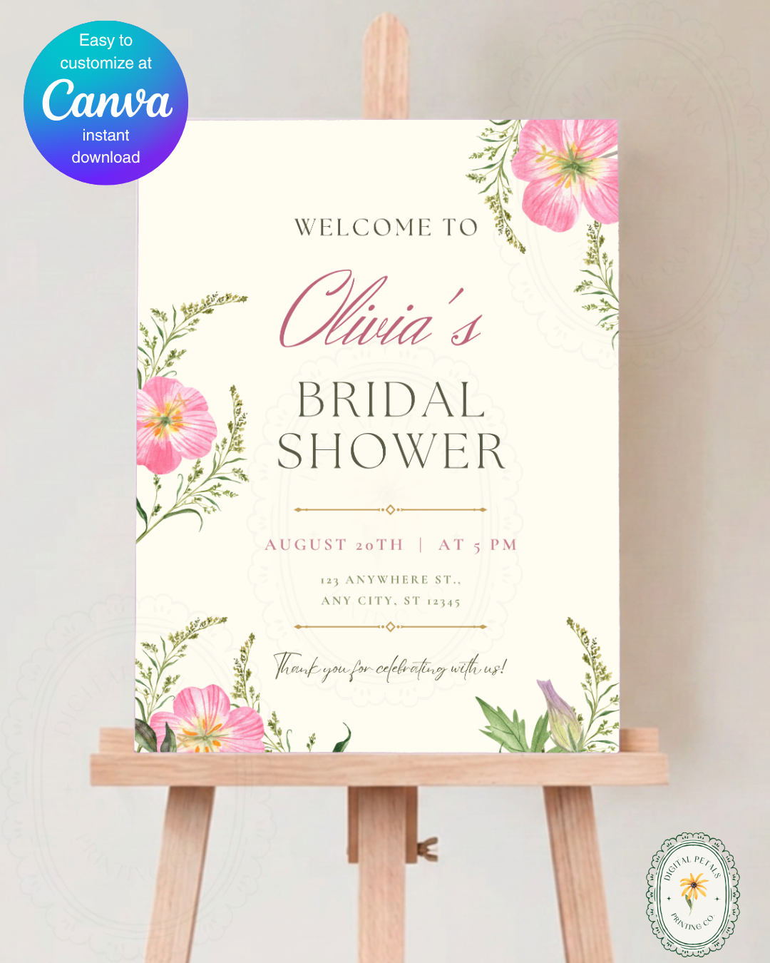 Dusty Rose & Blush Pink Wildflower Bridal Shower Welcome Sign | Editable Canva Template | Digital Download