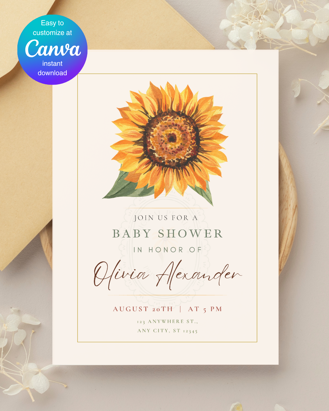 Sunflower Baby Shower Invitation — Editable Digital Download Template