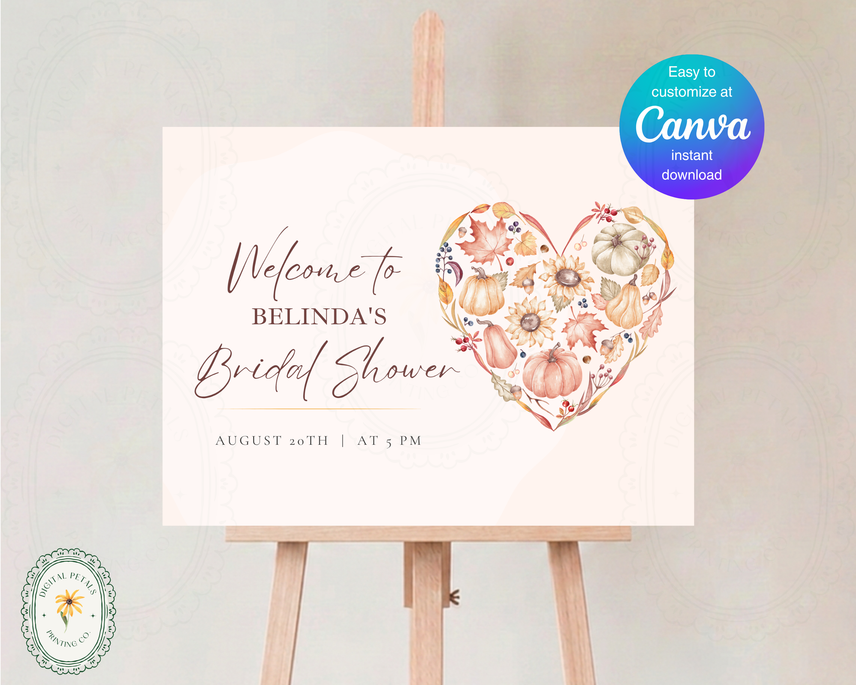 Autumn Bridal Shower Welcome Sign | Rustic Heart Floral Border | Editable Canva Digital Download | Print at Home