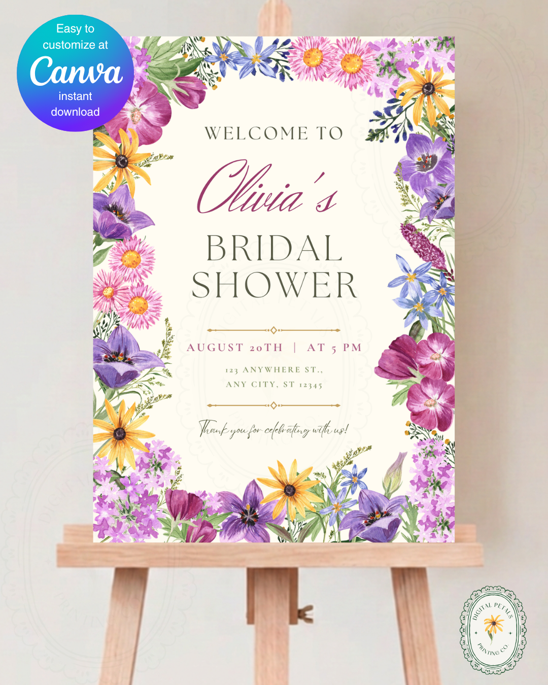 Boho Wildflower Border Bridal Shower Welcome Sign | Editable Canva Template | Digital Download