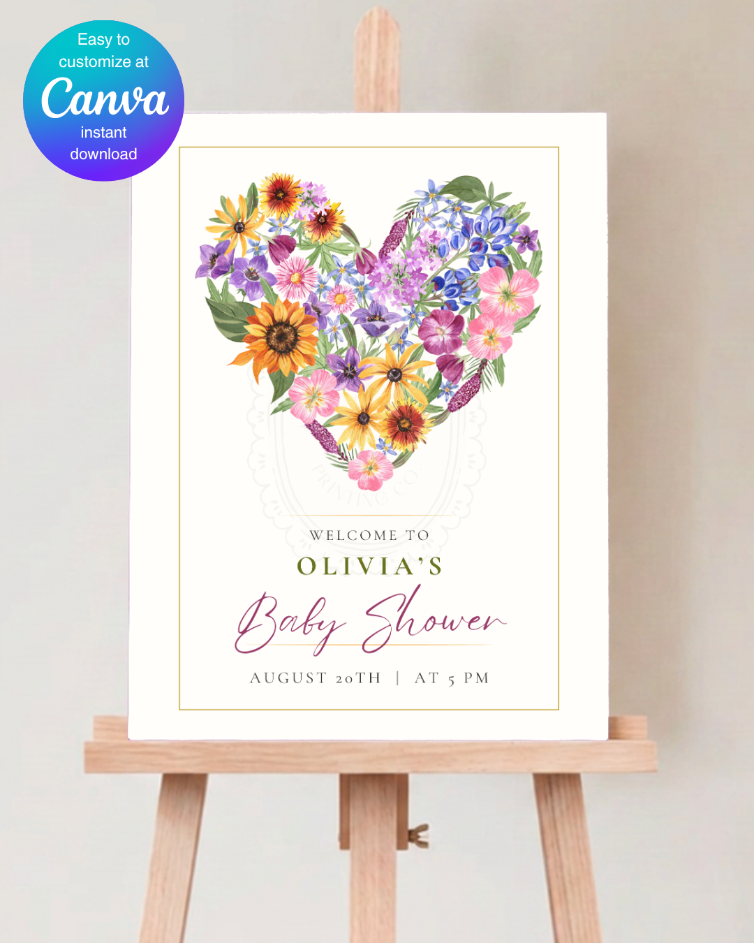 Boho Wildflower Heart Baby Shower Welcome Sign | Editable Canva Template | Instant Digital Download