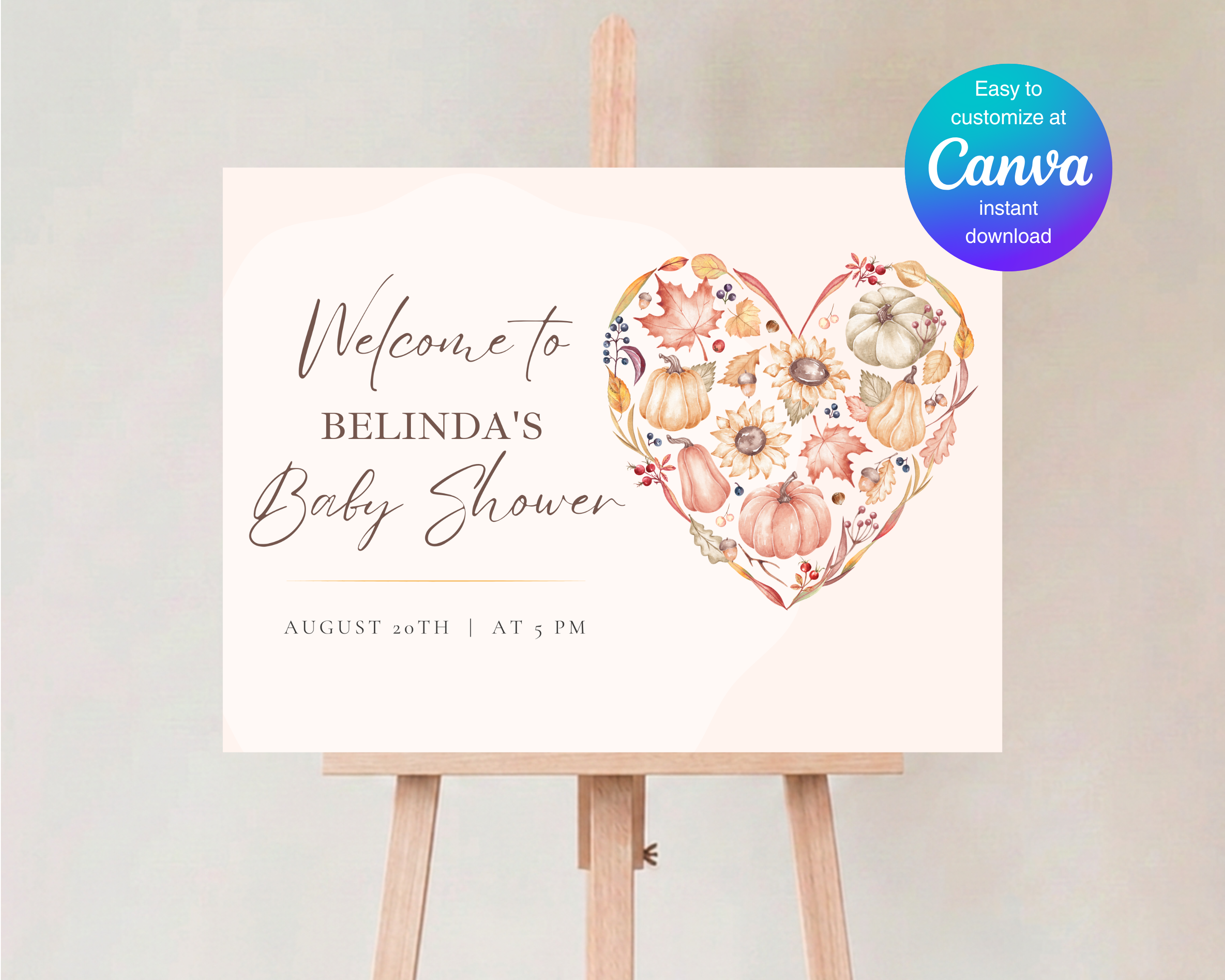 Autumn Baby Shower Welcome Sign | Rustic Heart Floral Border | Editable Canva Digital Download | Print at Home