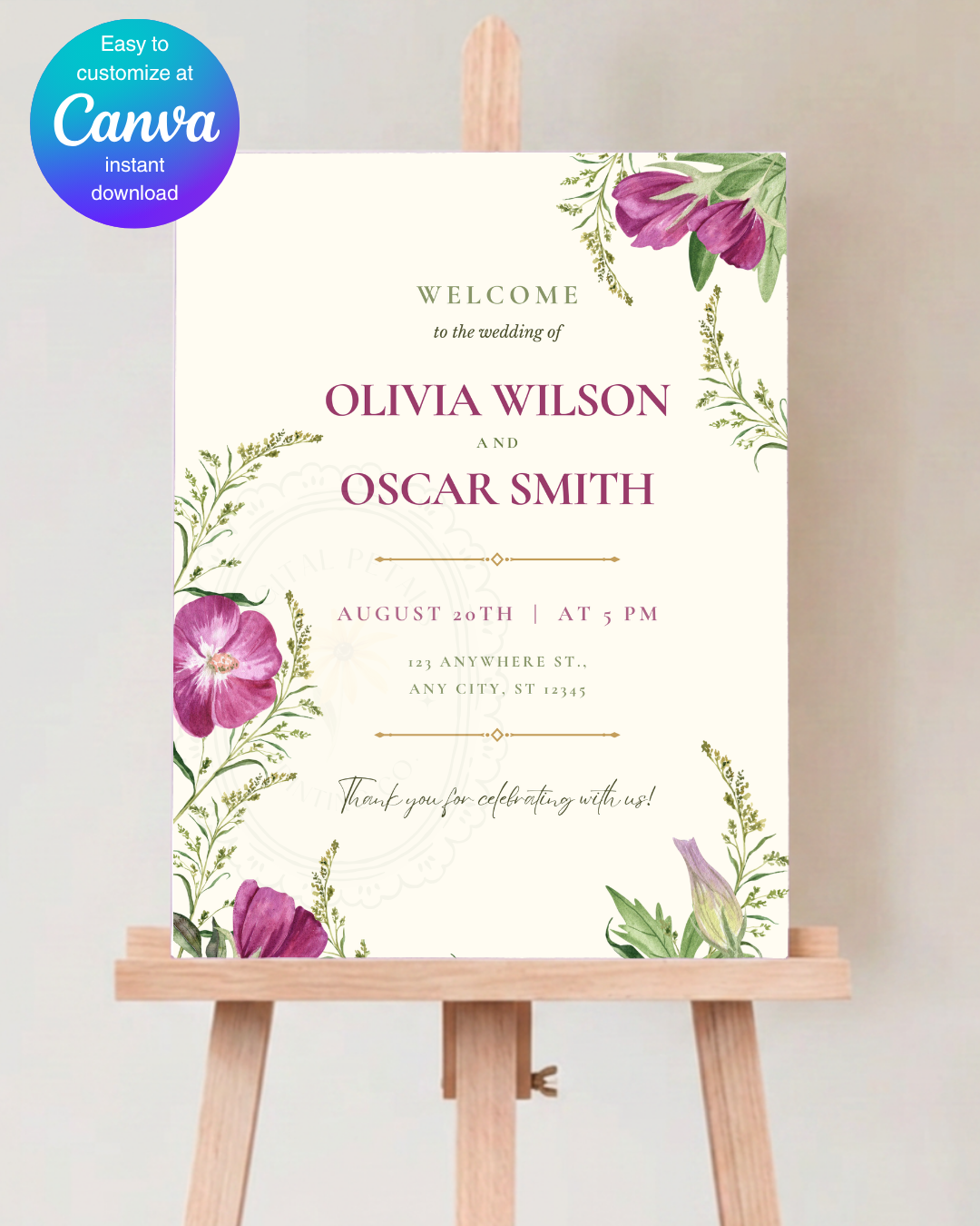 Lavender & Lilac Wildflower Wedding Welcome Sign | Editable Canva Template | Digital Download