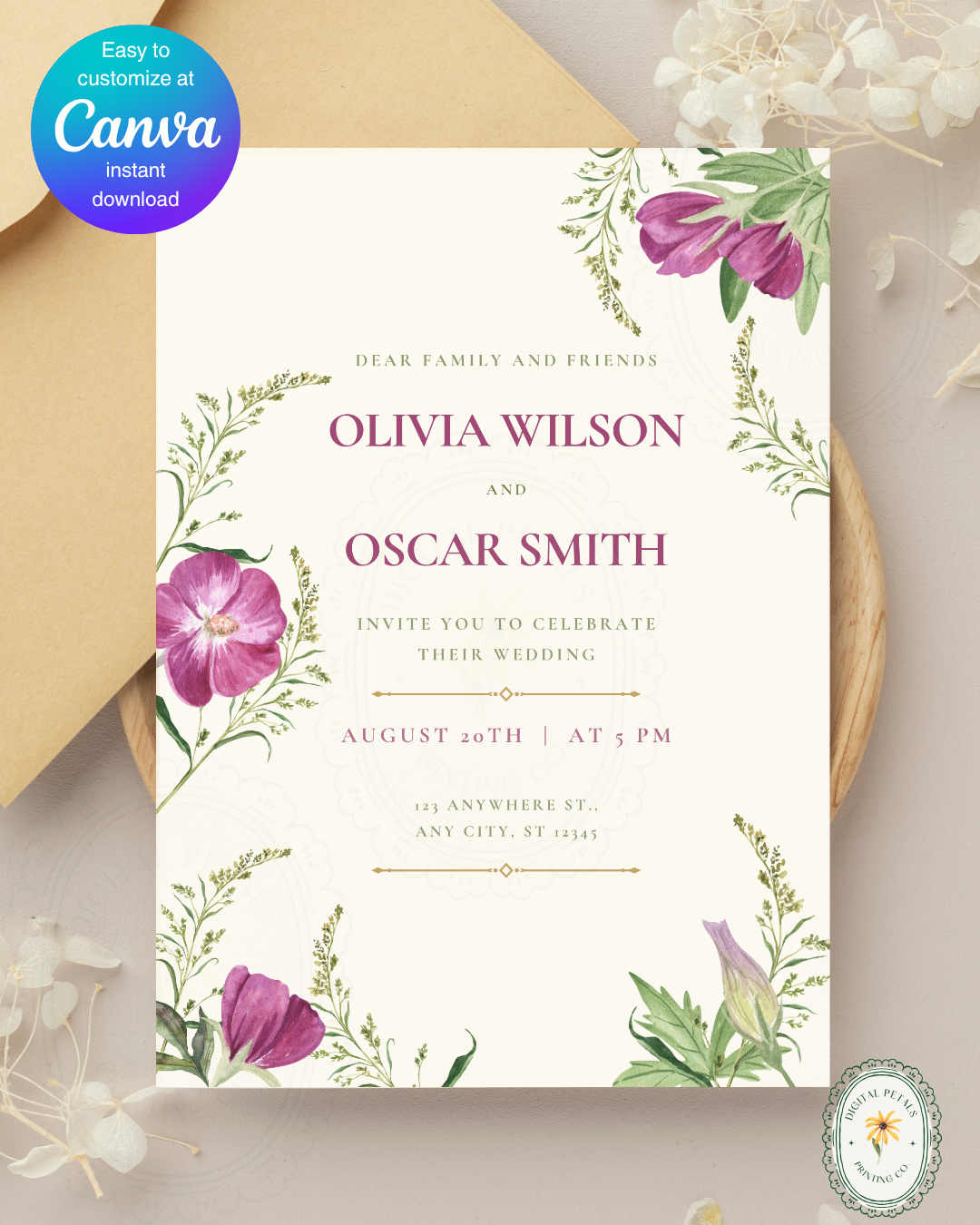 Lavender & Lilac Wildflower Wedding Invitation | Minimalist Printable Invite | Digital Download