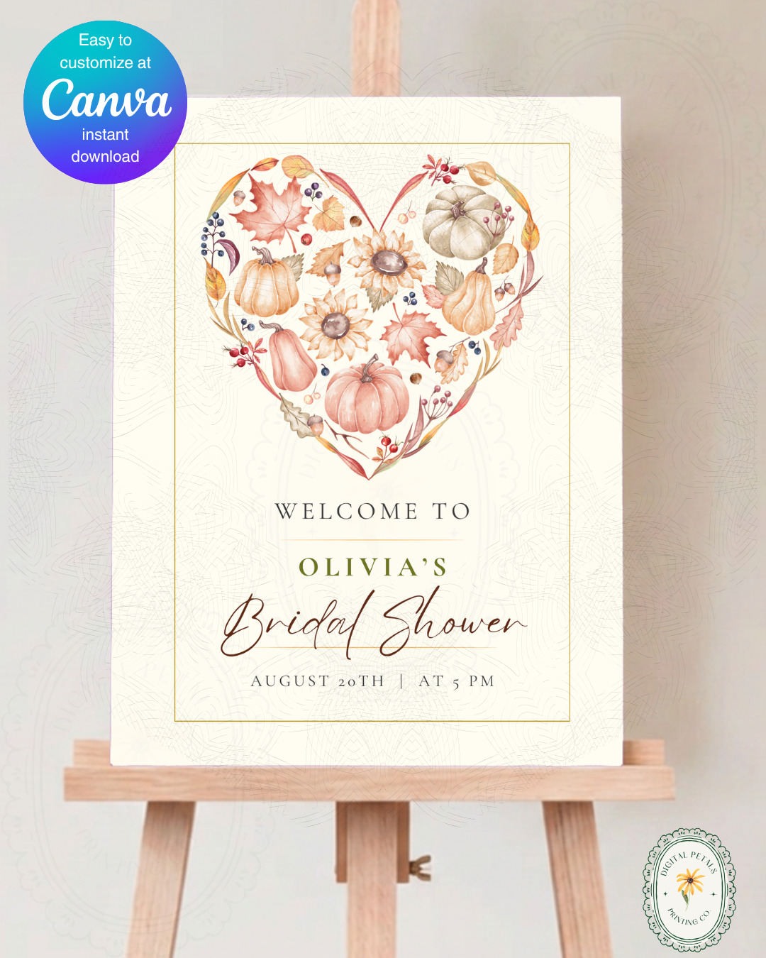 Terracotta & Rust Autumn Heart Bridal Shower Welcome Sign | Editable Canva Template | Digital Download