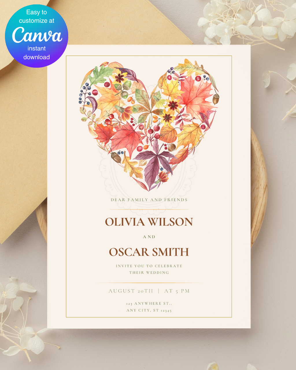 Terracotta & Rust Fall Heart Wedding Invitation — Editable Digital Download Template