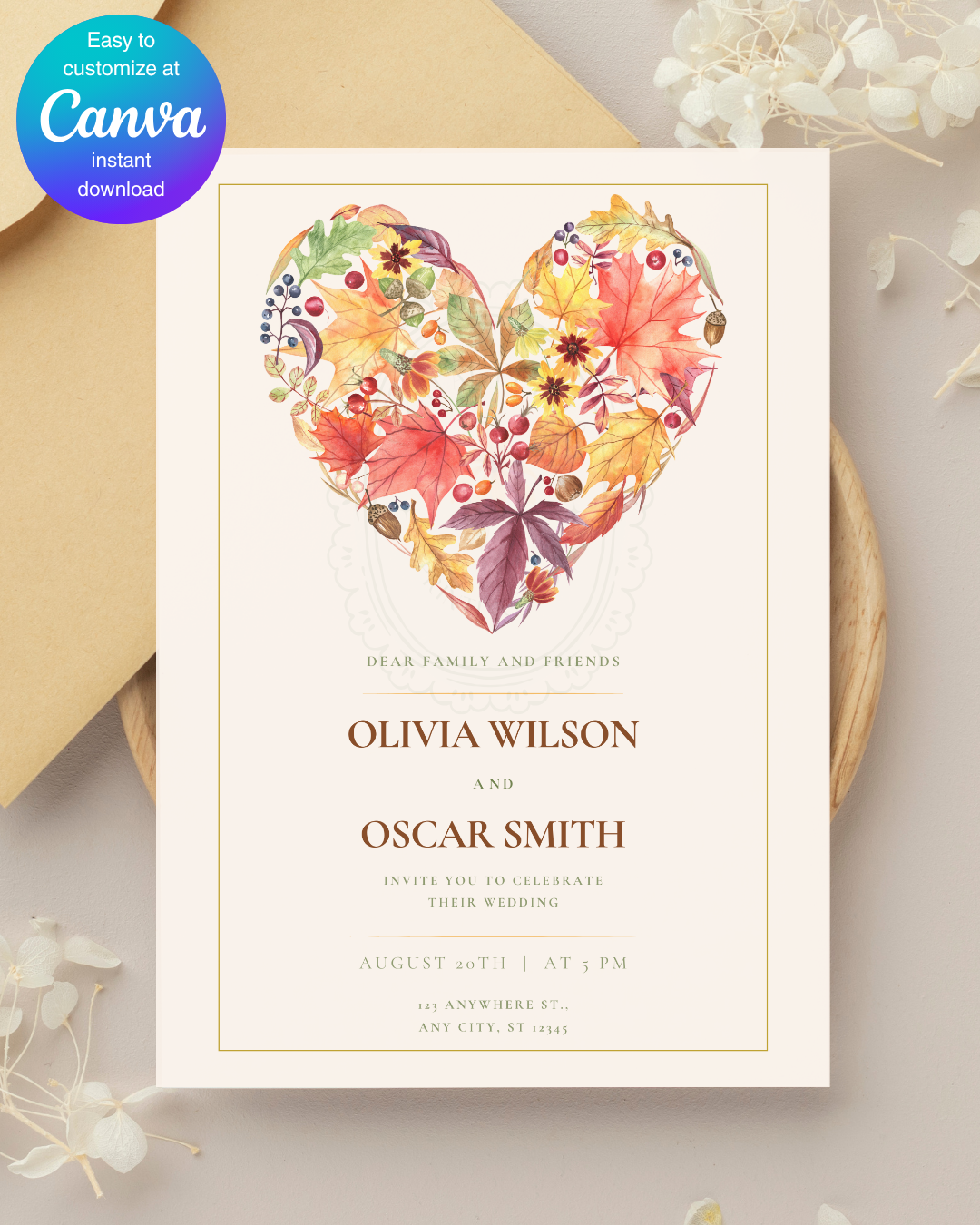 Terracotta & Rust Fall Heart Wedding Invitation — Editable Digital Download Template