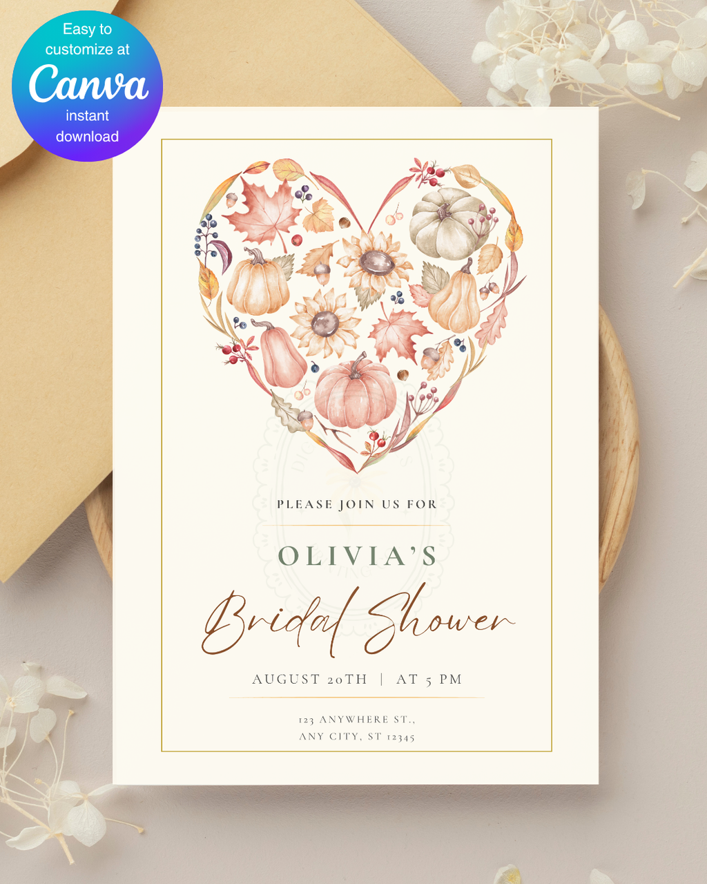 Autumn Heart Bridal Shower Invitation | Printable Floral Invite | Digital Download