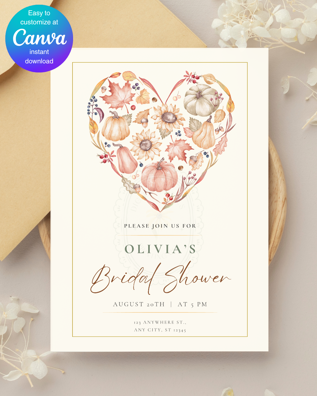 Autumn Heart Bridal Shower Invitation | Printable Floral Invite | Digital Download