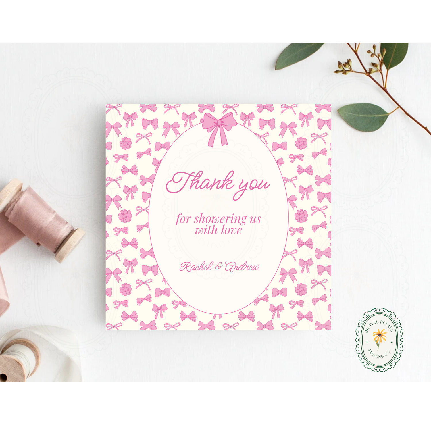 Pink Ribbons & Bows Baby Shower Thank You Card Template | Editable Canva Digital Download