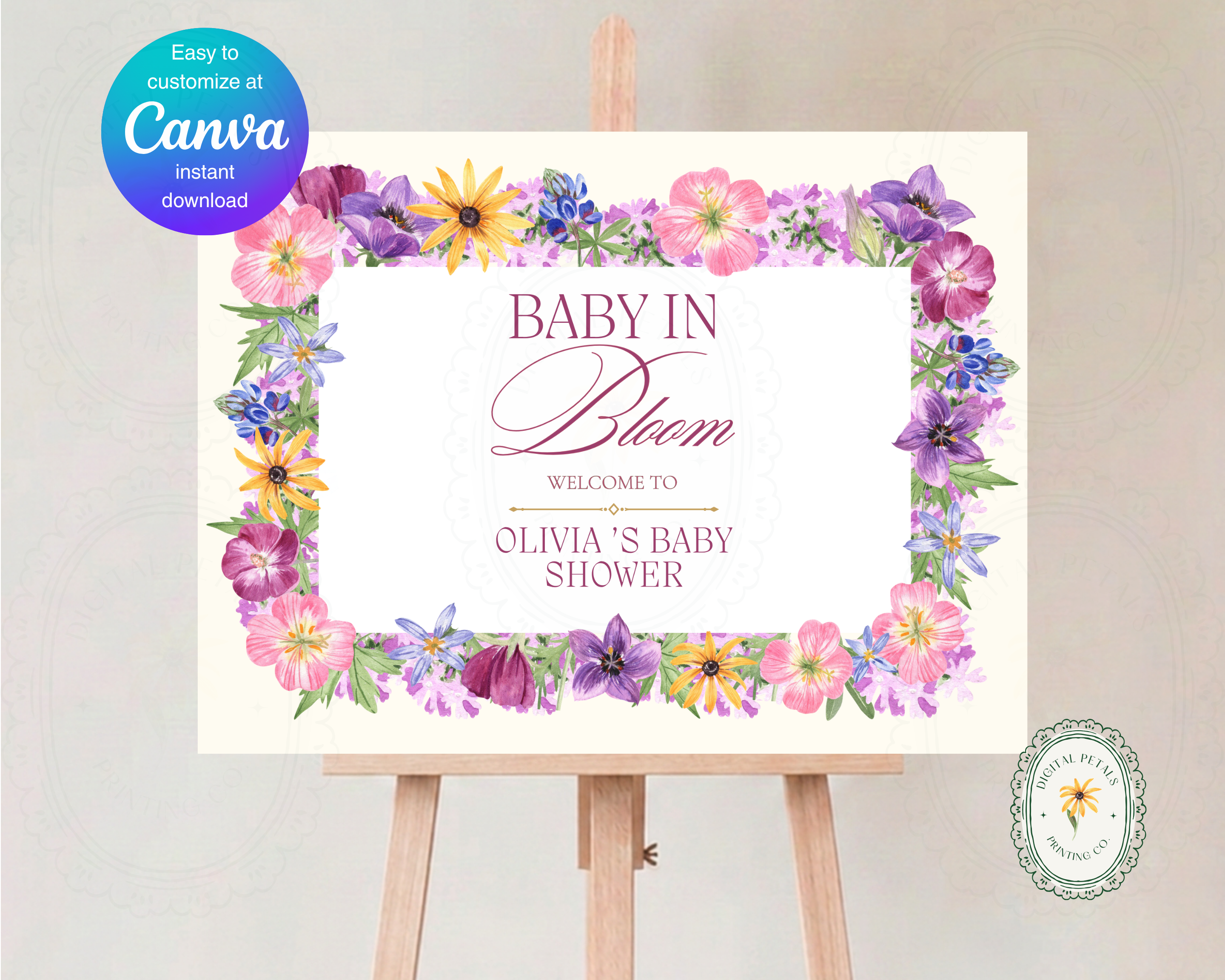 Baby Shower Garden Party Welcome Sign Wildflower Template | Editable Canva Digital Download