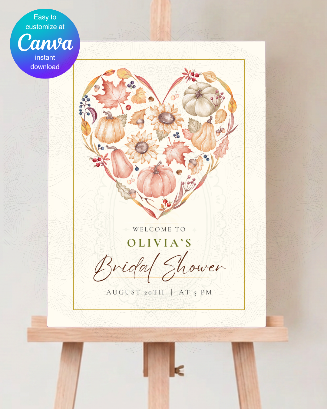 Autumn Heart Bridal Shower Welcome Sign | Editable Canva Template | Digital Download