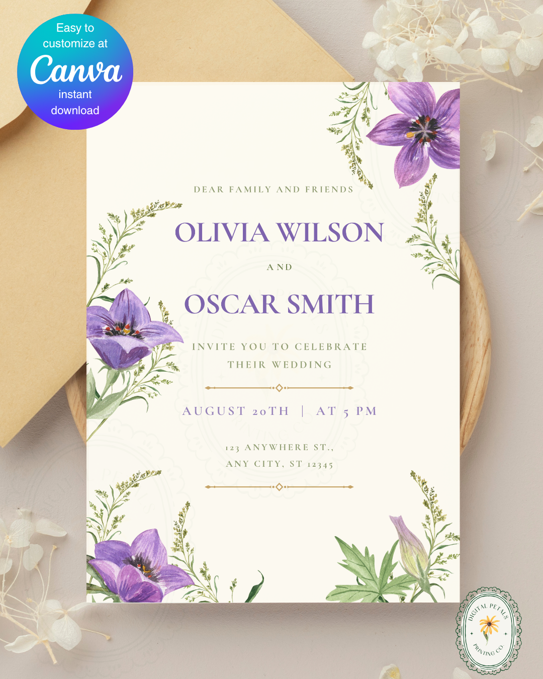Violet & Periwinkle Wildflower Wedding Invitation | Minimalist Printable Invite | Digital Download