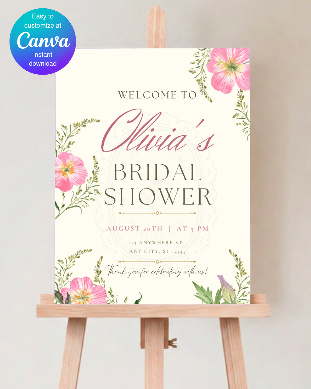 Pink Wildflower Bridal Shower Welcome Sign | Editable Canva Template | Digital Download