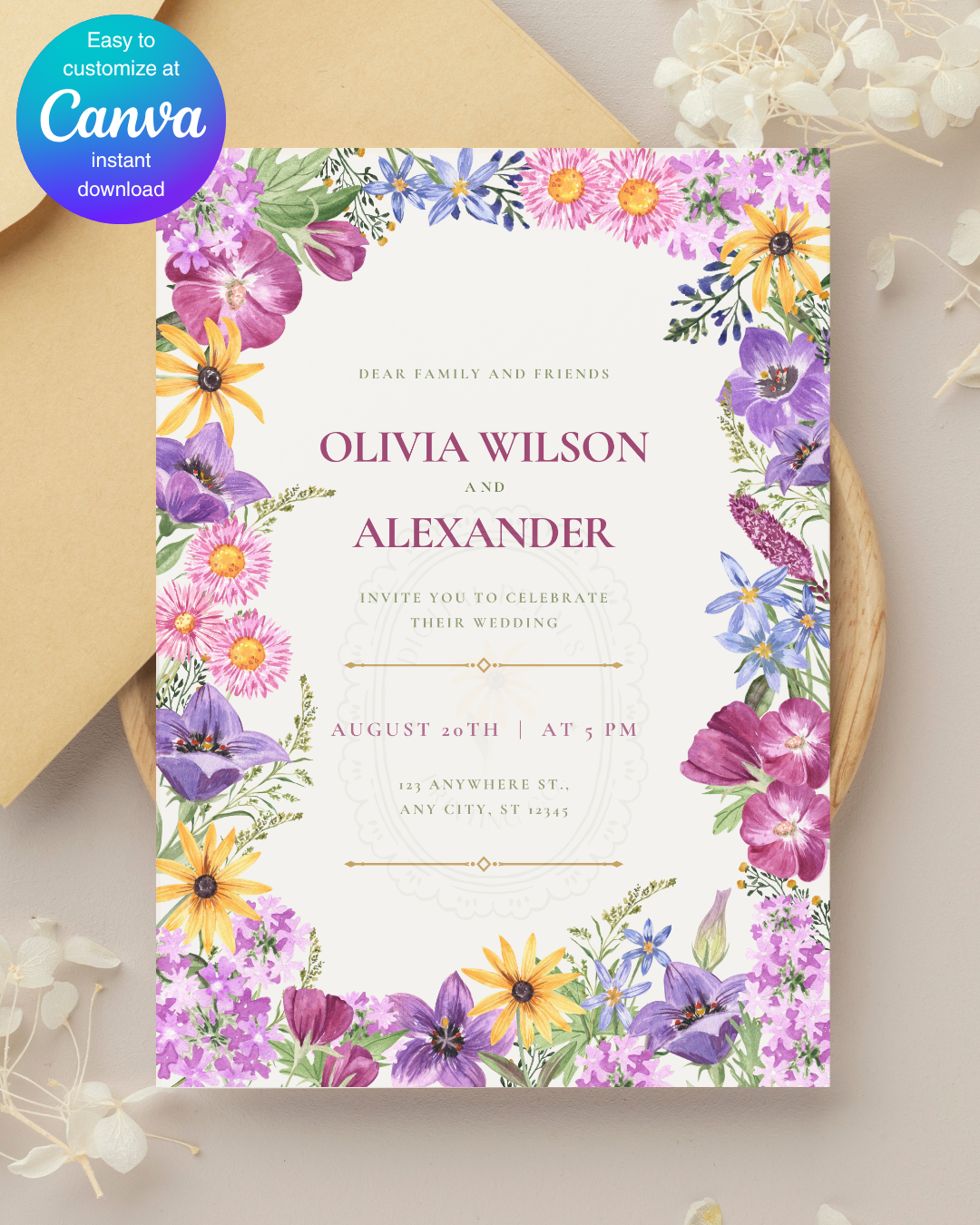 Wildflower Border Wedding Invitation | Printable Botanical Invite | Digital Download