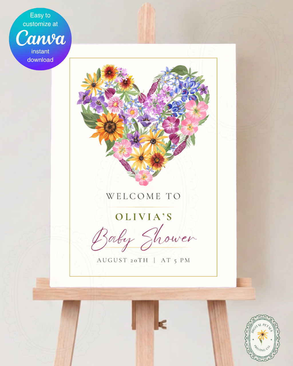 Boho Wildflower Heart Baby Shower Welcome Sign | Editable Canva Template | Instant Digital Download
