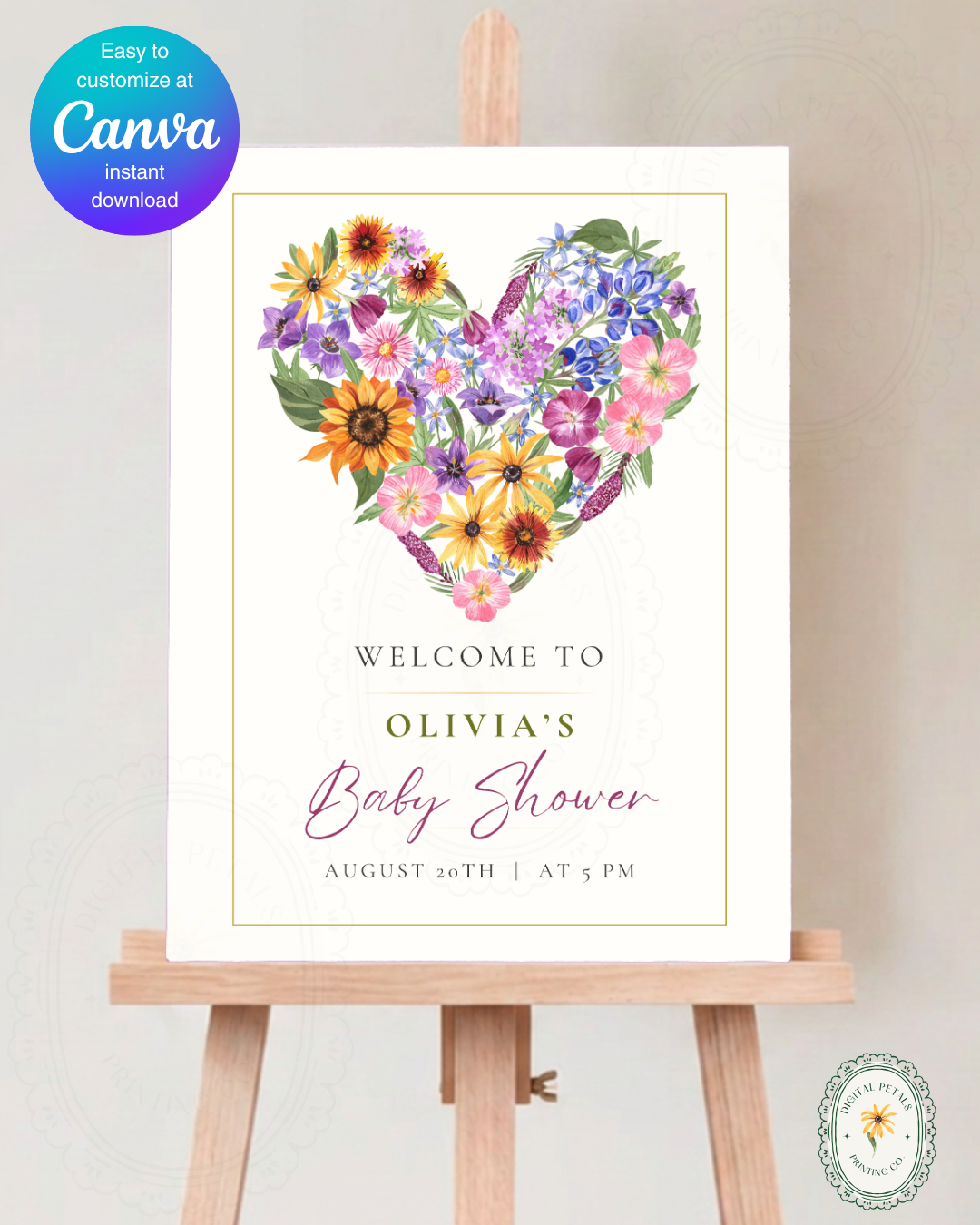Boho Wildflower Heart Baby Shower Welcome Sign | Editable Canva Template | Instant Digital Download