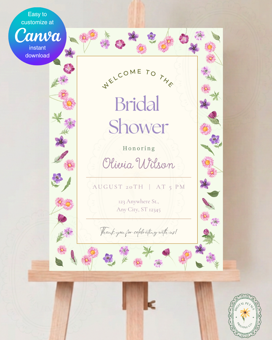 Spring Garden Wildflowers Bridal Shower Welcome Sign Template | Editable Canva Digital Download