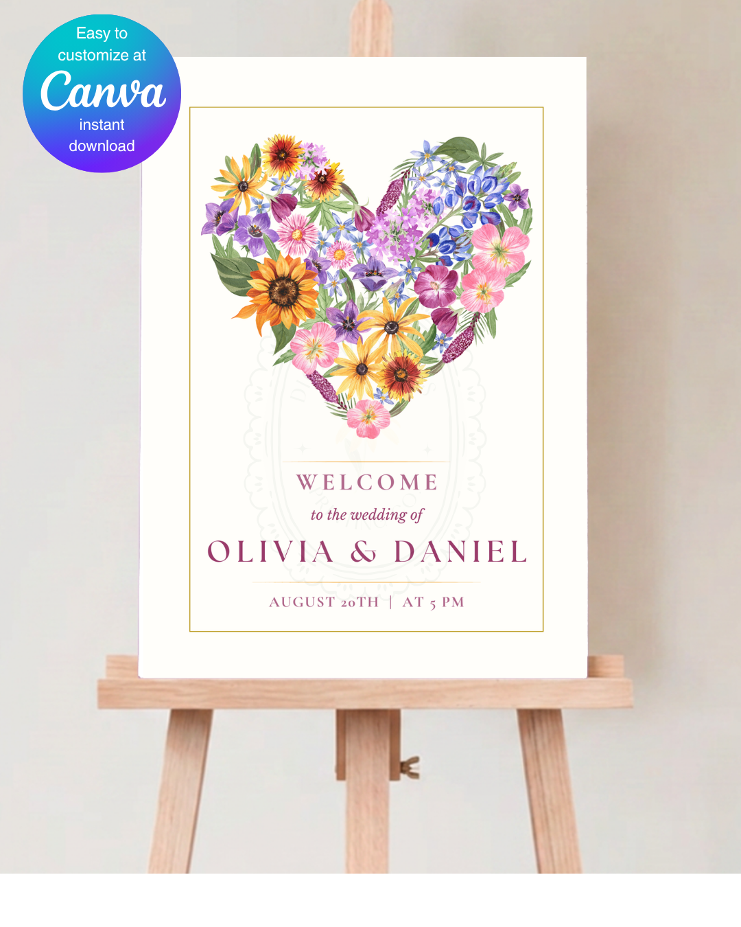 Wildflower Heart Wedding Welcome Sign | Editable Canva Template | Instant Digital Download