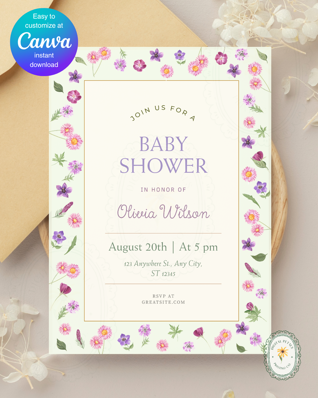 Spring Garden Wildflowers Baby Shower Invitation Template | Editable Canva Digital Download
