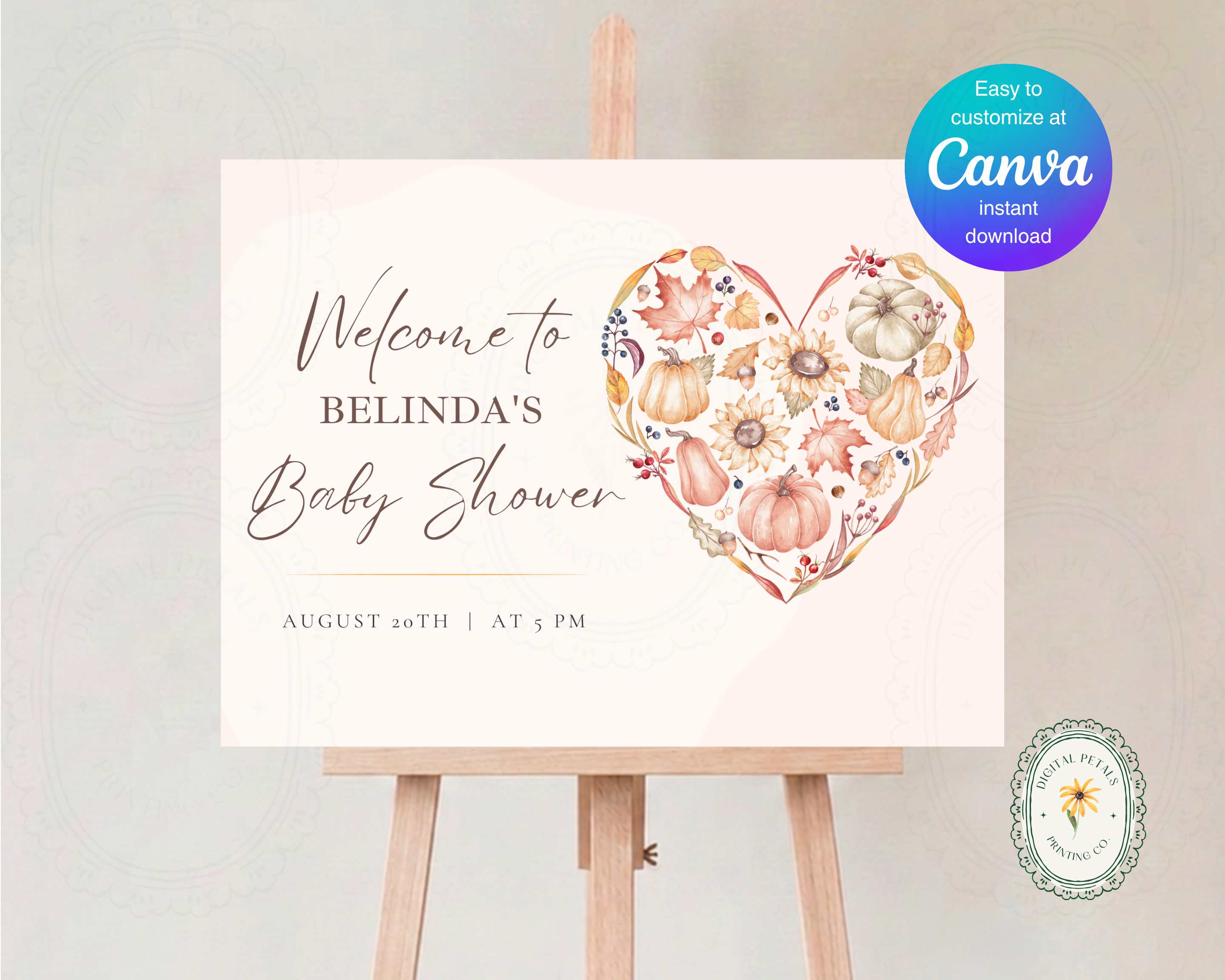 Autumn Baby Shower Welcome Sign | Rustic Heart Floral Border | Editable Canva Digital Download | Print at Home