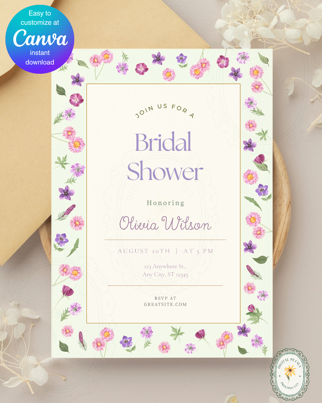 Spring Garden Wildflowers Bridal Shower Invitation Template | Editable Canva Digital Download